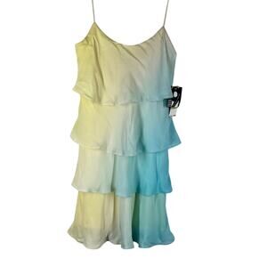 Nine West Womens Dress 14  NWT Green Yellow Silk Spaghetti Straps Tiered Ruffles
